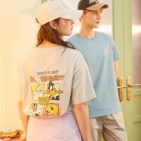 [2.5折价59元]唐狮夏季新款情侣T恤男女短袖后背印花宽松黑色纯绵打底衫