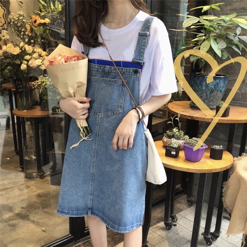 怪兽女夏牛仔背带裙2018新款韩版学生宽松大码显瘦a字中裙连衣裙蓝色