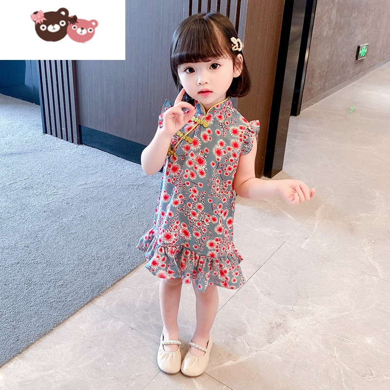 绿彩虹光女宝宝夏装碎花连衣裙女童儿童洋气夏季小童1旗袍裙2公主裙子3岁4