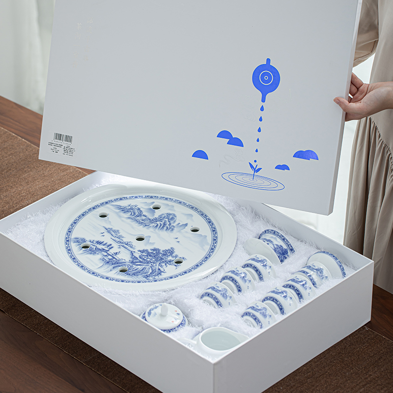 苏氏陶瓷(SUSHI CERAMICS)国潮青花功夫茶具大套组储水托盘三才盖碗泡茶壶礼盒装薄胎茶杯