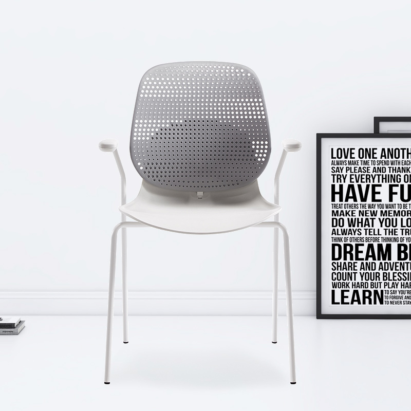 臻远ZY-7836 简约休闲办公椅轻奢铁艺靠背椅 灰背白座扶手款高清大图