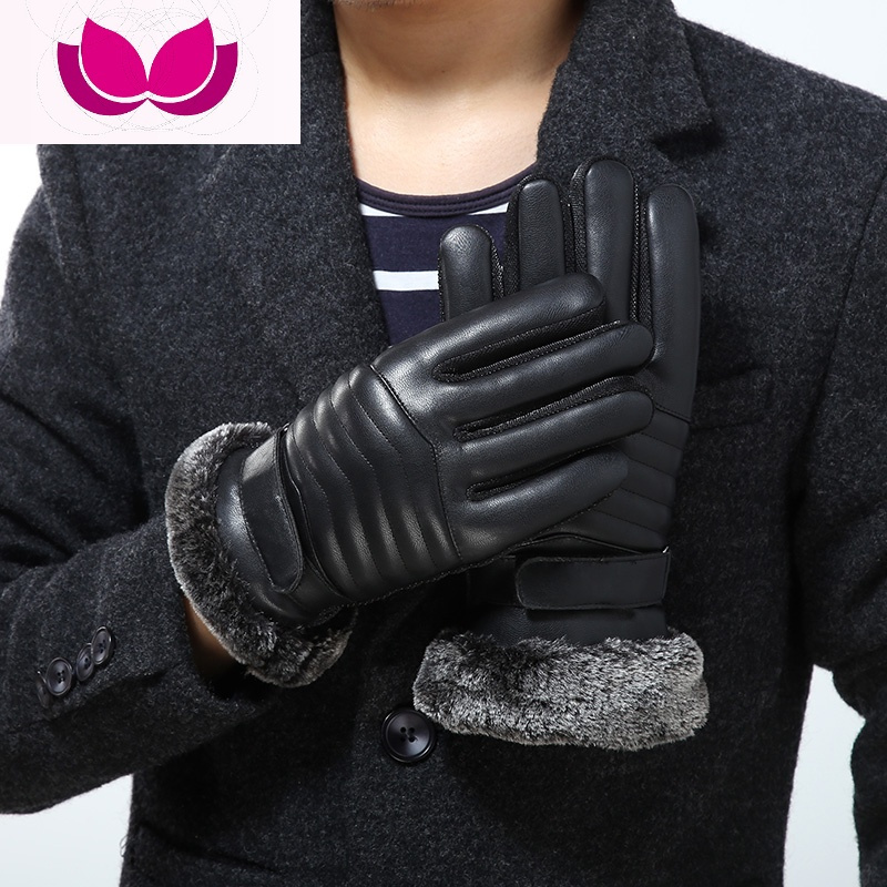 七斓皮手套男秋冬季保暖手套防水触屏户外骑行骑车黑手套加厚防风防寒
