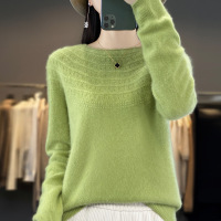 一线成衣卷边圆领安迪衫女款针织镂空无缝毛衣宽松软糯打底衫上衣 L 果绿色