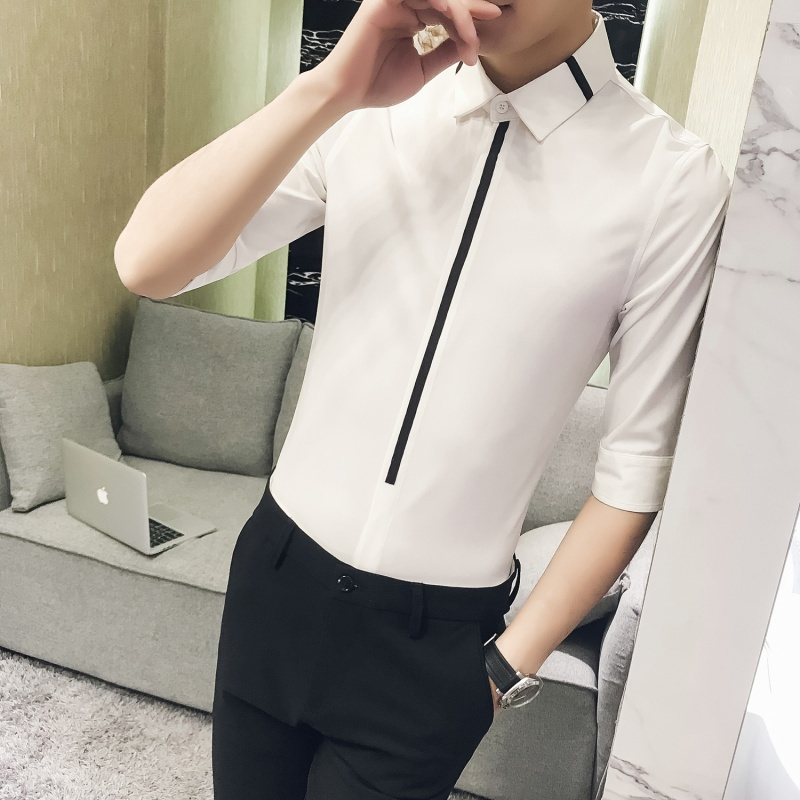 夏季年轻型男餐厅员男士修身七分袖衬衫免烫韩版中袖寸衣制服