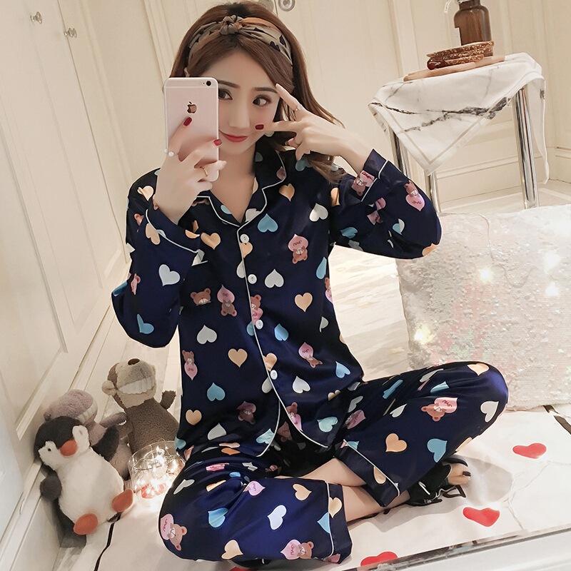 韩版春秋睡衣女夏套装两件套冰丝宽松分体长袖休闲丝绸可外穿