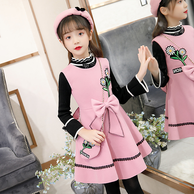 女童连衣裙秋装新款童装女公主裙儿童毛呢背心裙洋气套装冬款裙子报价