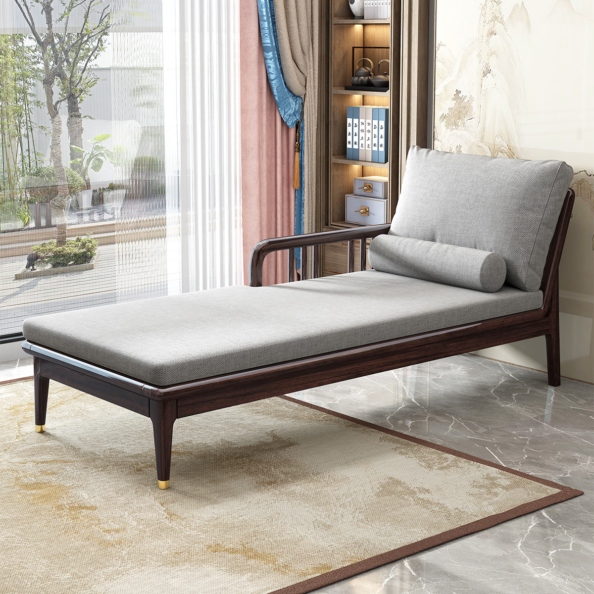 月影梳桐新中式实木贵妃椅紫金檀木客厅沙发单人椅躺椅美人榻卧室阳台