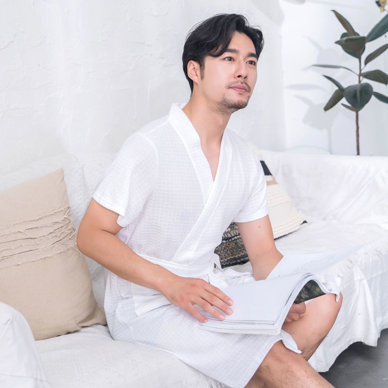 春秋新款睡袍宽松华夫格男女浴衣院酒店浴袍夏季晨袍情侣睡衣 华夫格-白色男【短袖】 M70-120斤