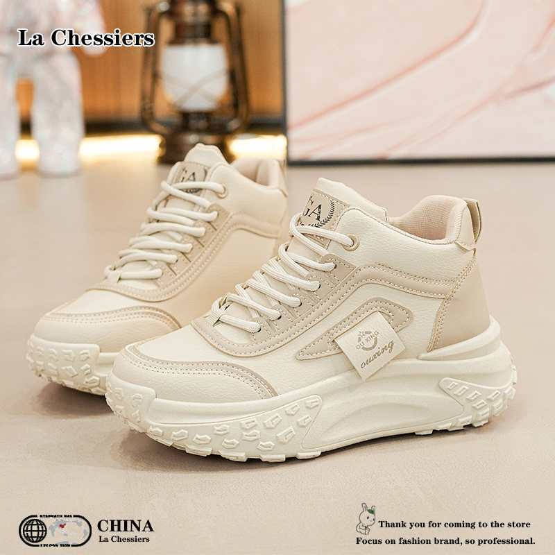 La Chessiers户外跑步鞋女2025年春秋新款女鞋飞织网面透气休闲小白鞋运动老爹鞋