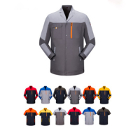 丛林狐 男士夏季长袖工作服套装 薄款汽车汽修工作服上衣 夏装安装劳保服 195/5XL(加大) 灰色拼藏蓝肩单上衣薄款长
