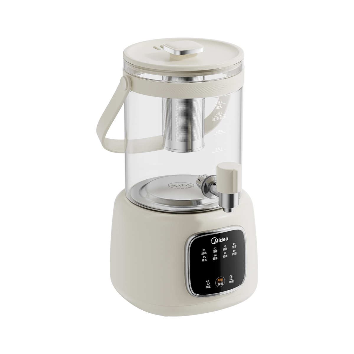 美的养生壶家用2.8L大容量高硼硅玻璃煮茶器多功能炖煮一体煮茶壶恒温壶316L母婴级不锈钢 MK-ZC10Y03高清大图