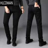 HLCOMAN纯黑色弹力加绒牛仔裤男士直筒小脚加厚青年修身p暖男裤子
