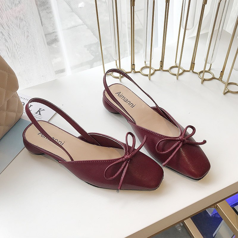 suntek包头凉鞋女韩国小方头蝴蝶结浅口低跟单鞋复古后空舒适ol通勤