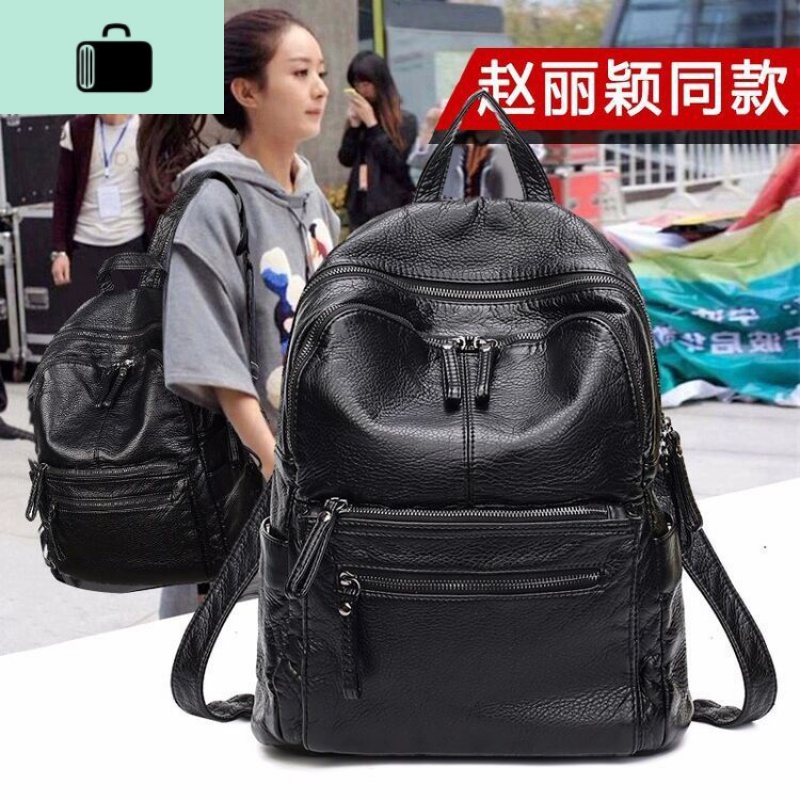 双肩包女2020新款韩版潮大容量学生书包休闲背包女旅行包百搭包包NEW LAKE 黑色高清大图