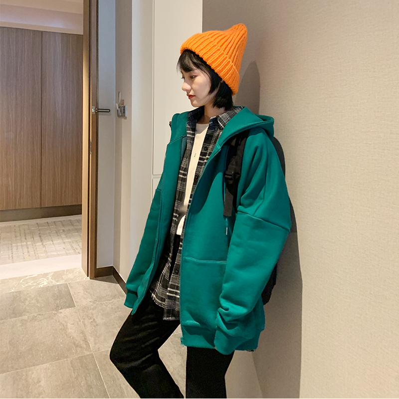 suntekchuke2020秋冬上新cec卫衣外套女加绒加厚连帽纯酒红色拉链开衫