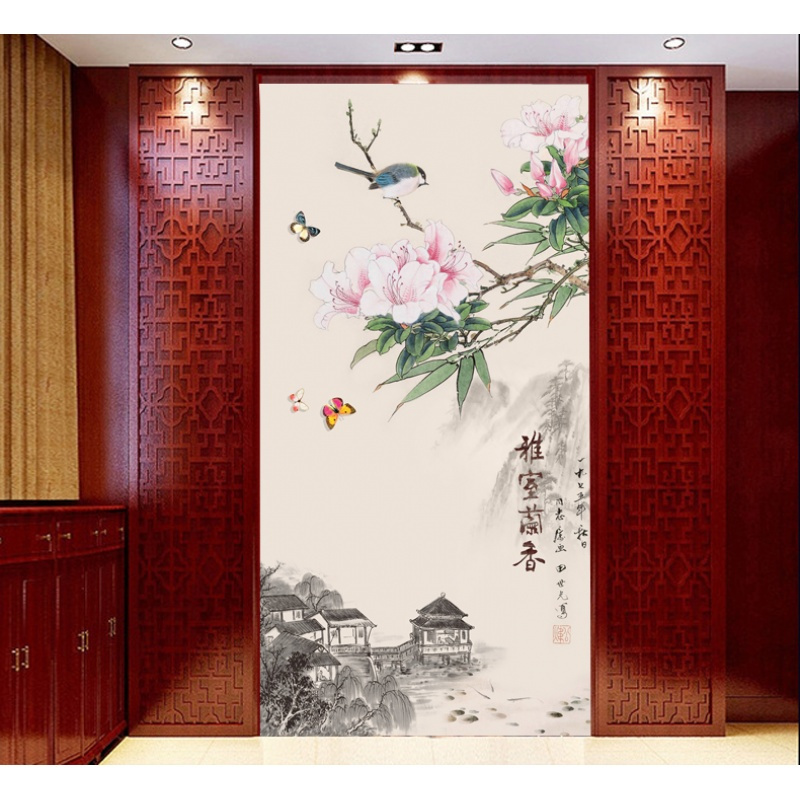 无缝中式个性定制壁画百福图玄关走廊山水花鸟背景墙沙墙布墙纸壹德壹