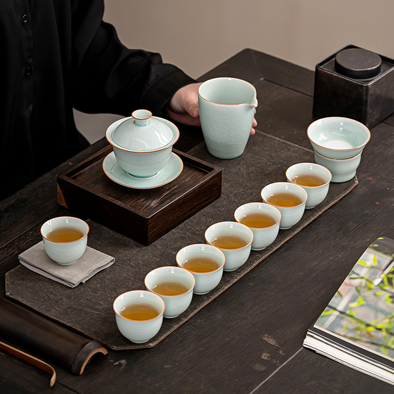 苏氏陶瓷(SUSHI CERAMICS)汝窑卵青 开片可养金线三才盖碗8茶杯高档礼盒装