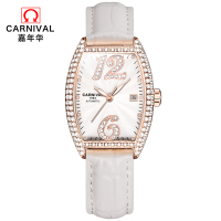 正品嘉年华Carnival手表自动机械表 女士防水时尚潮流款带日历水钻真皮革新款女表夜光腕表酒桶型8857