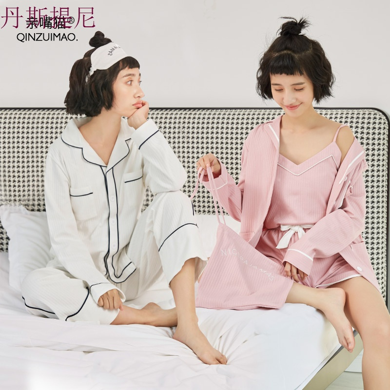 春秋季纯棉睡衣女夏长袖七件套带短裤女士宽松家居服套装