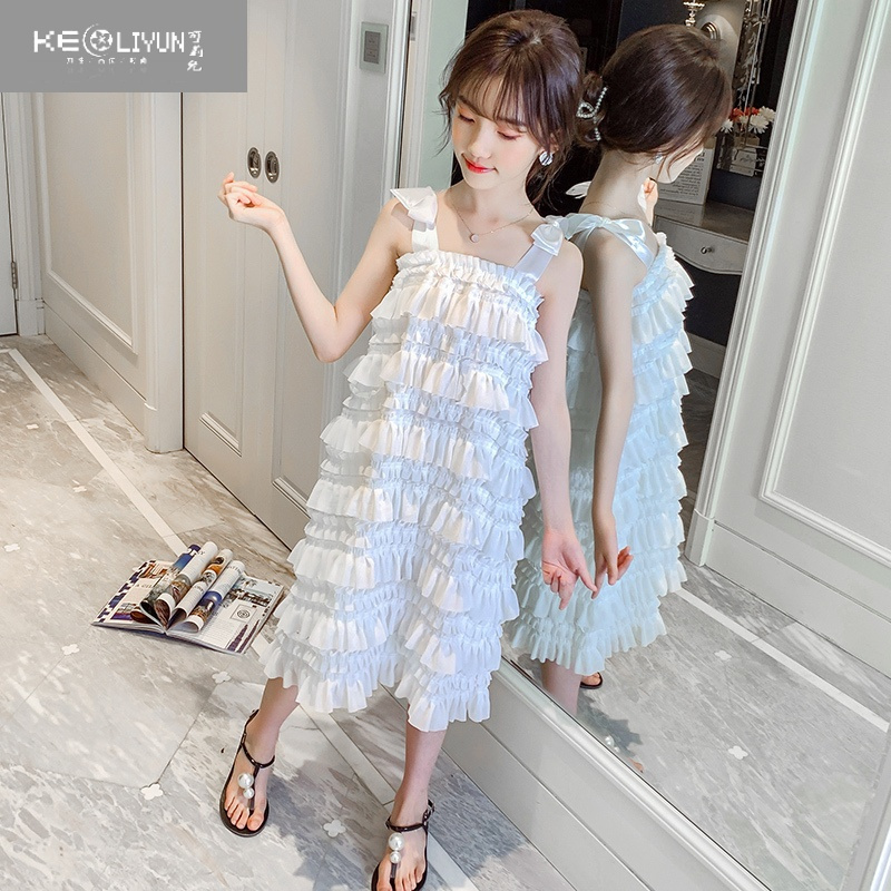 可莉允女童白色连衣裙洋气中大童公主裙夏季新款女孩蛋糕裙儿童吊带裙