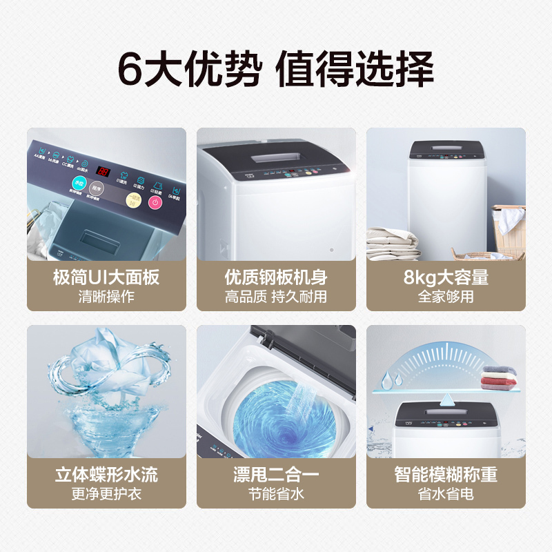 海尔(Haier)8公斤 家用 波轮洗衣机 漂甩二合一 水电双宽 优质钢板机身 智能模糊称重 XQB80-M106