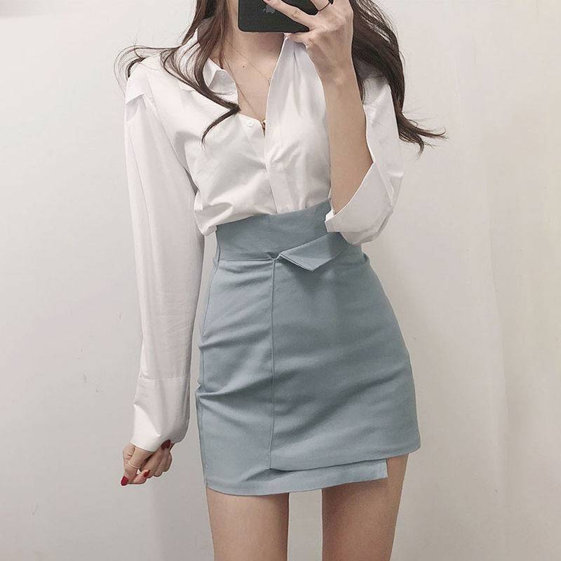 两件套半身裙女白色衬衫上衣不规则字包臀裙高腰显瘦短裙套装潮视频