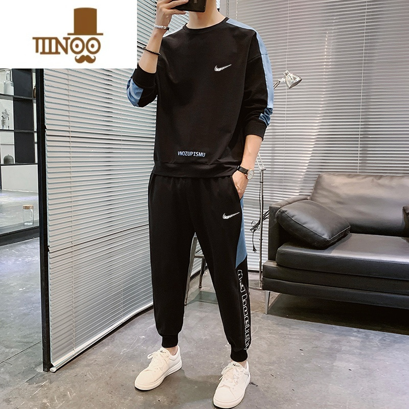 YANXU长袖t恤男士新款潮牌搭配帅气套男装休闲运动卫衣套装