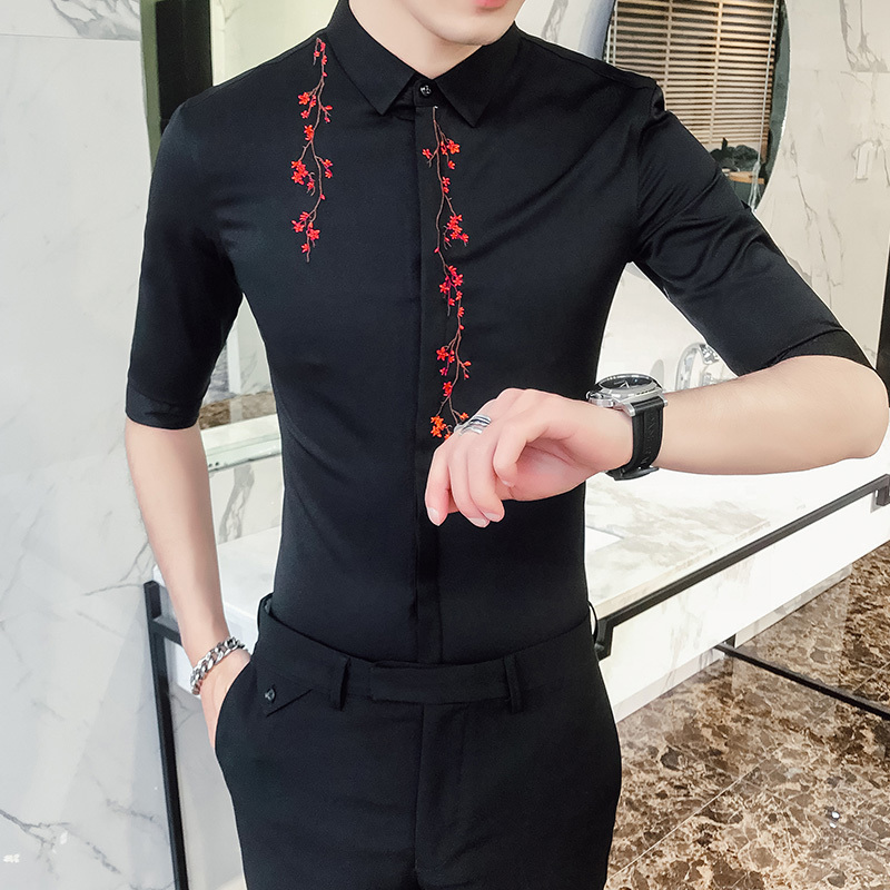 2018夏款新款个性中国风桃花刺绣衬衣五分袖夜店型男工作服男衬衫