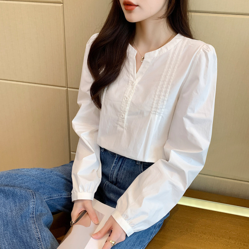 唐狮秋季新款女圆领褶皱长袖衬衫百搭别致减龄气质时尚潮流