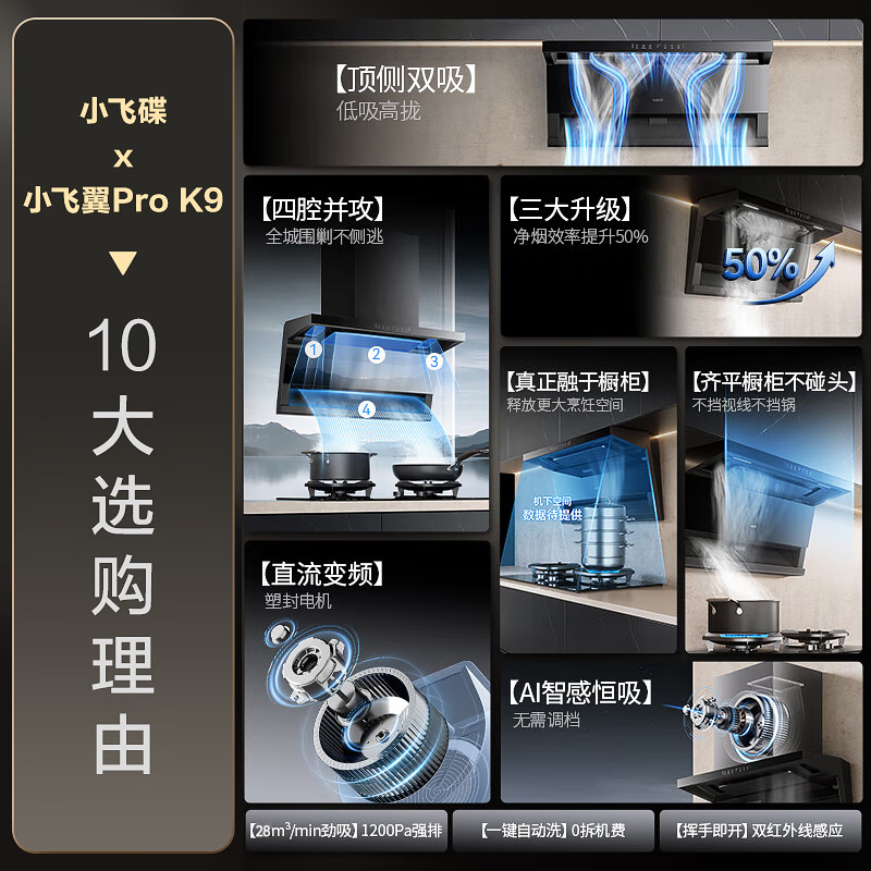 华帝(vatti)[小飞翼Pro K9]小飞碟28风量大吸力脱排油烟机 i111K9超薄平嵌7字型变频顶侧双吸三腔自动洗