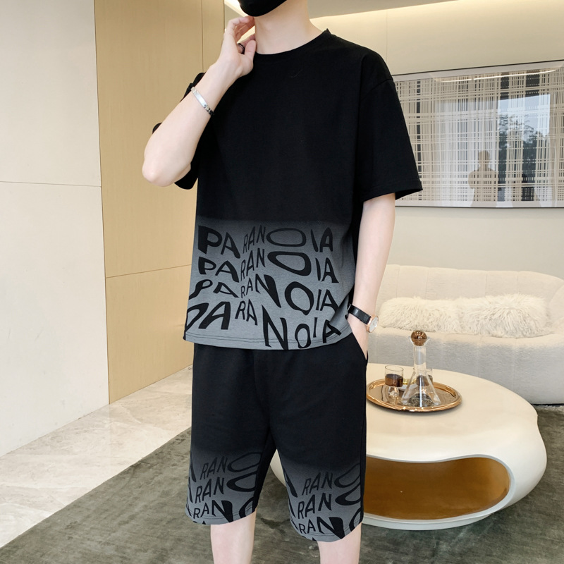 啄木鸟冰丝套装男士夏季薄款运动短袖t恤一套搭配五分休闲短裤男 0855黑色 M90-115斤可穿