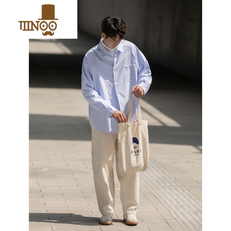 YANXUBOLM秋季日系清新蓝白色条纹长袖衬衫男感宽松廓型棉衬衣潮系高清大图