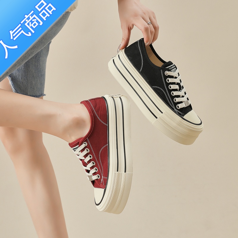 SUNTEK帆布鞋女2023夏季新款透气女鞋松糕厚底增高黑色圆头百搭休闲板鞋高清大图