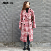 ENJOY’ME女装2019冬季新品格子西装加长腰带毛绒内里厚外套