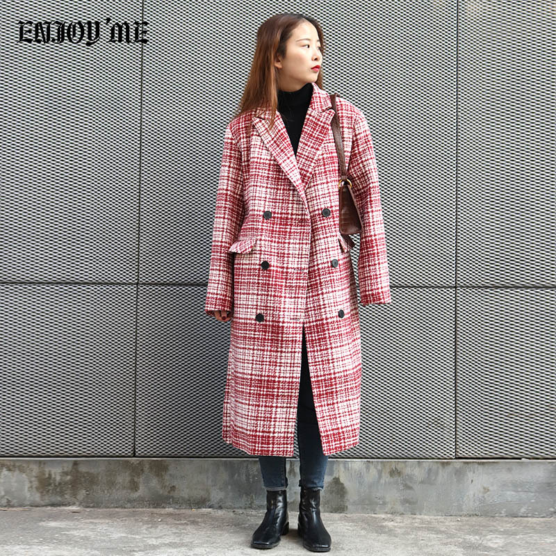 ENJOY’ME女装2019冬季新品格子西装加长腰带毛绒内里厚外套