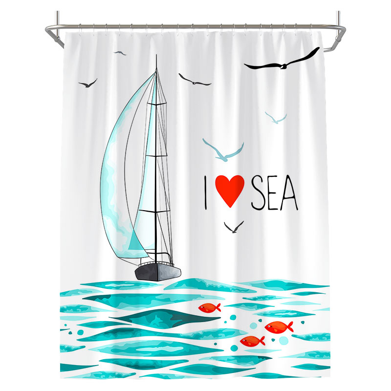 卫生间挡水帘浴室干湿分离隔断屏风防水拉帘加厚浴帘不粘身免打孔 海上帆船浴帘120宽*高180cm送钩 默认尺寸