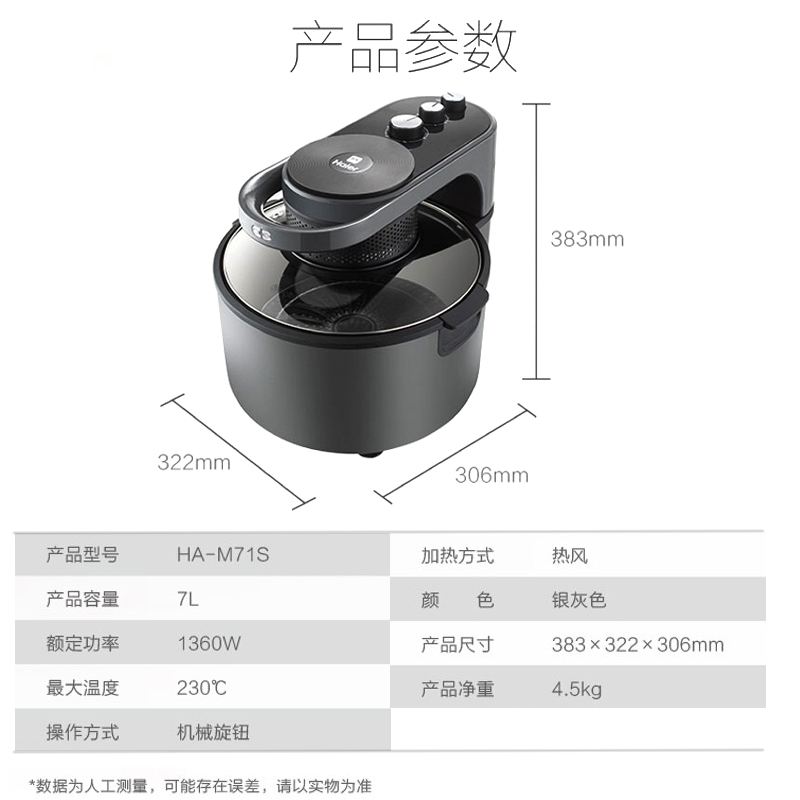 海尔Haier家用机械款7升空气炸锅开盖断电360°全天窗设计HA-M71S高清大图
