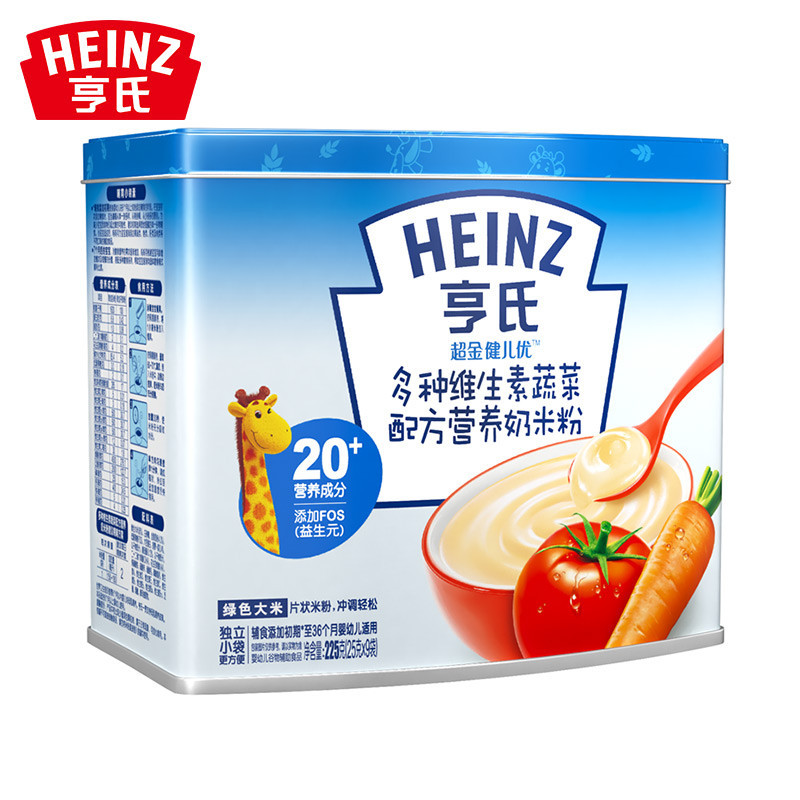 Heinz/亨氏超金健儿优多种维生素蔬菜配方营养奶米粉225g 适用辅食添加初期以上至36个月 宝宝辅食婴儿米粉米糊1段