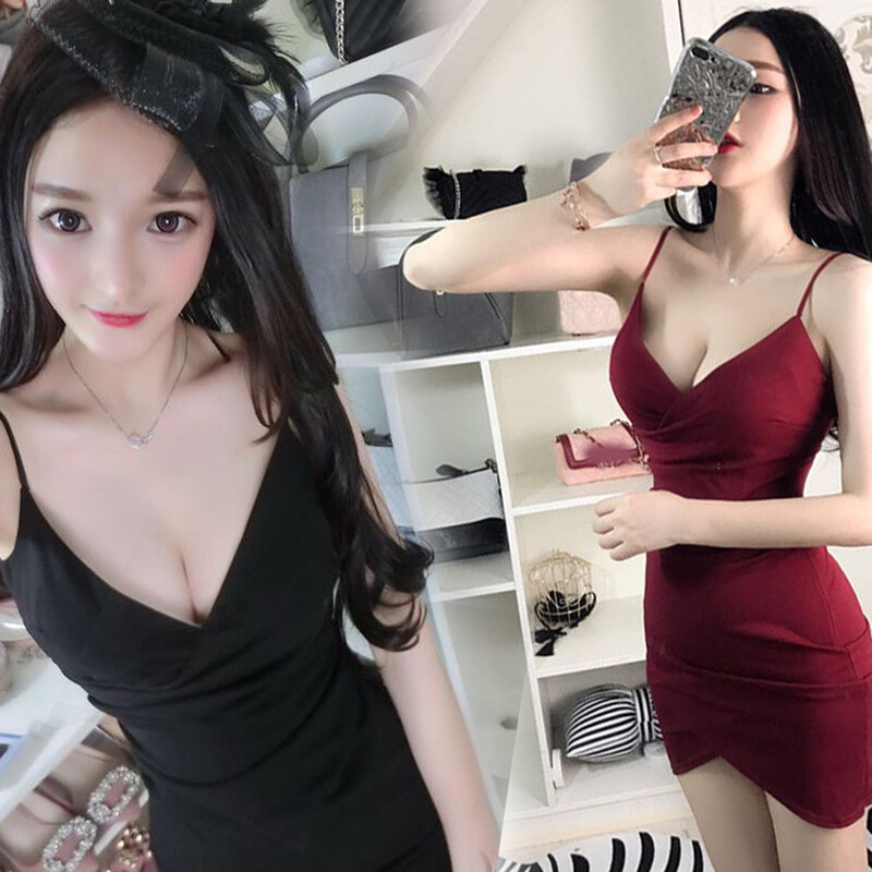 2018夏季新款时尚夜店交叉v领低胸性感修身显瘦包臀带连衣裙女酒红色均码