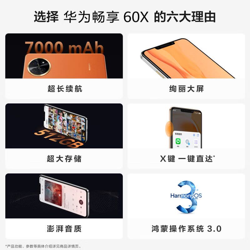 [全新]华为 畅享60X 8GB+512GB 丹霞橙 骁龙680八核芯 7000mAh大电池 22.5W超级快充 全网通4G 6.95英寸影音大屏 手机老人机学生机 畅享60图片