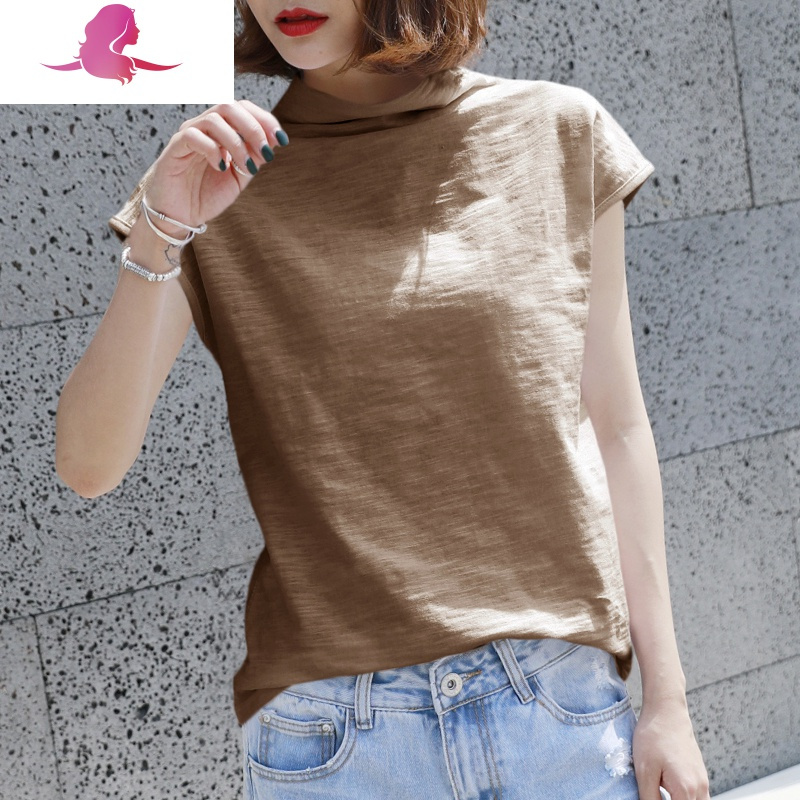艳如飞夏季竹节棉宽松短袖t恤女装韩国半袖女上衣大码棉半高领打底衫