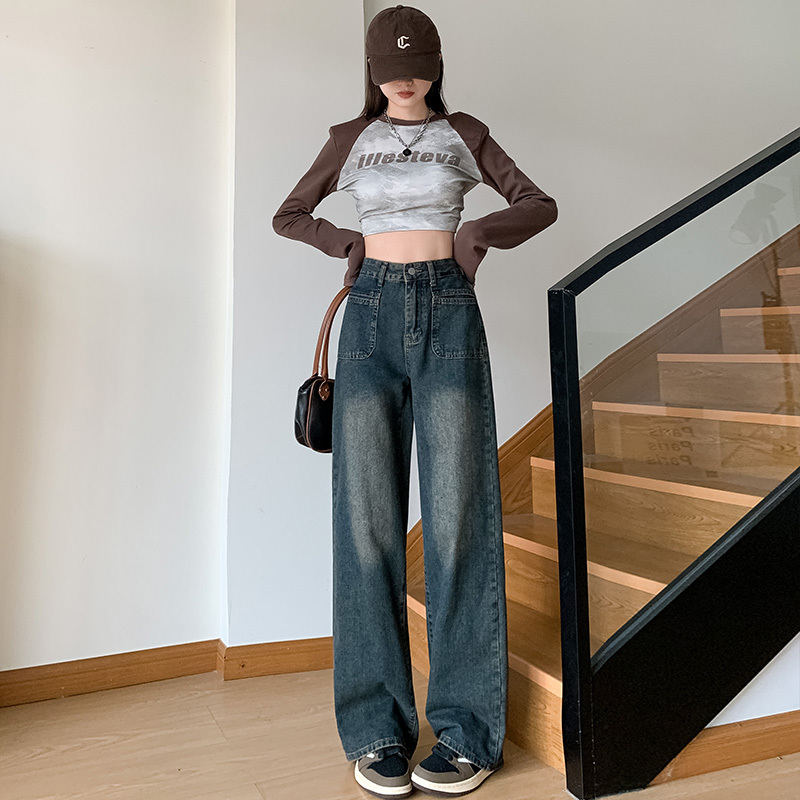 班俏banqiao大码复古辣妹牛仔裤女秋季高街胖mm显瘦宽松阔腿拖地长