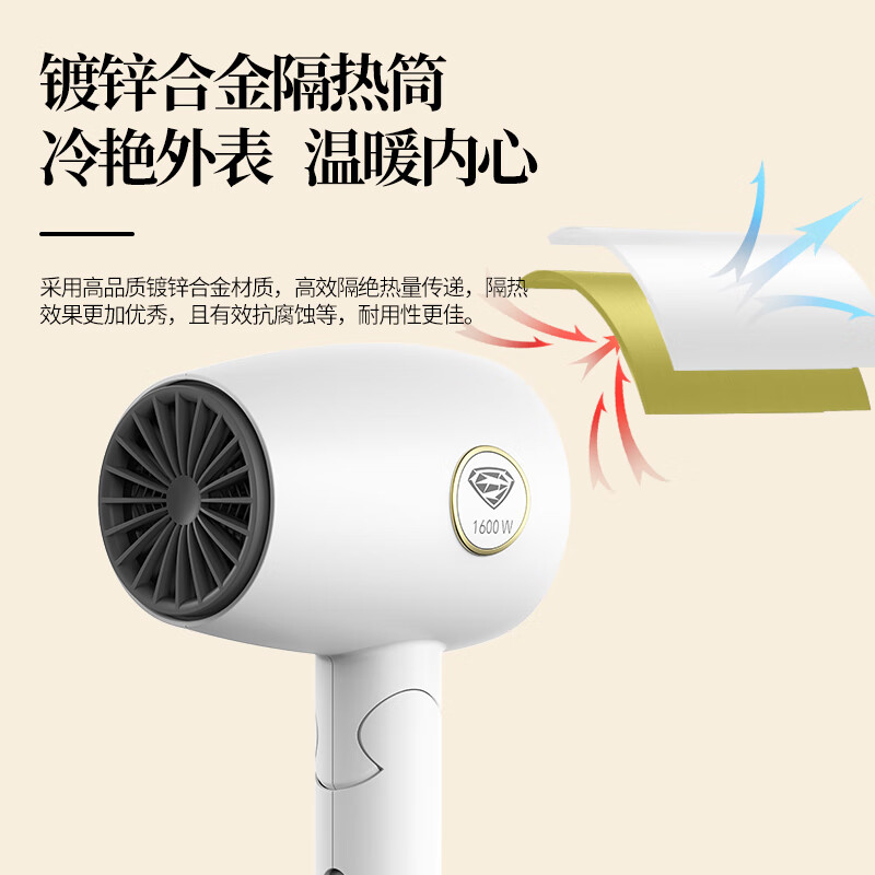 超人家用电吹风机水润负离子大风量速干便携简约吹风筒宿舍学生旅行用电吹风1600W折叠手柄-RD1635高清大图