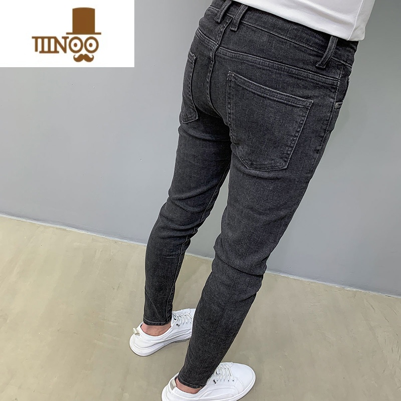 YANXU弹力九分牛仔裤男2023薄款潮流韩版百搭纯色修身小脚分紧裤0高清大图