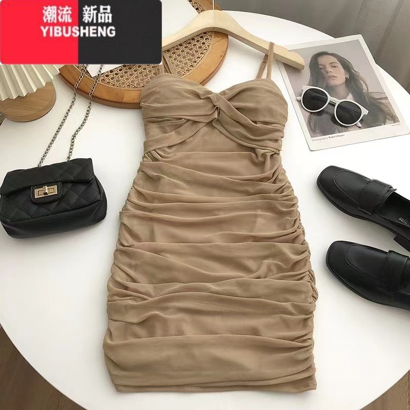 YIBUSHENG胖mm扭结交叉皱褶低胸包臀裙女2024季新款修身显瘦吊带连衣裙