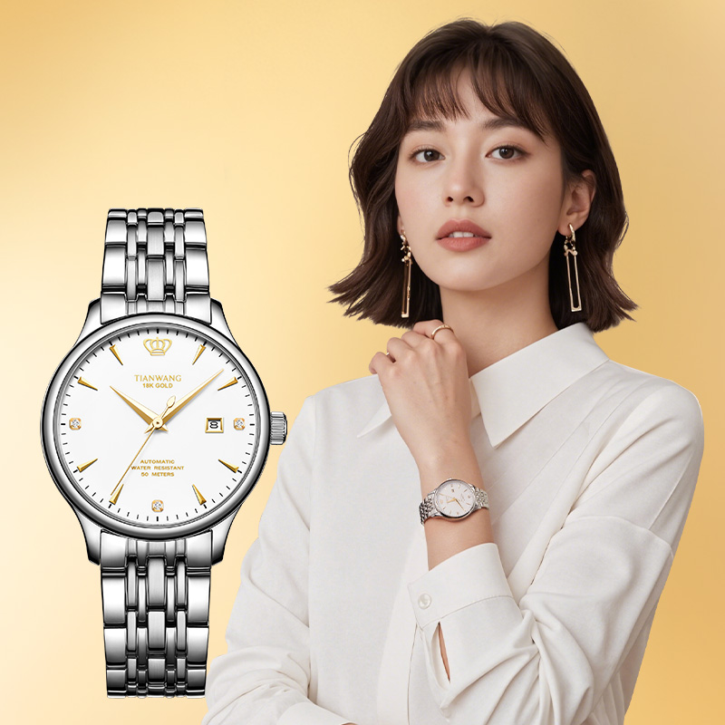 天王手表金标送福18K金皇冠logo女表商务休闲机械表钢带腕表5876高清大图