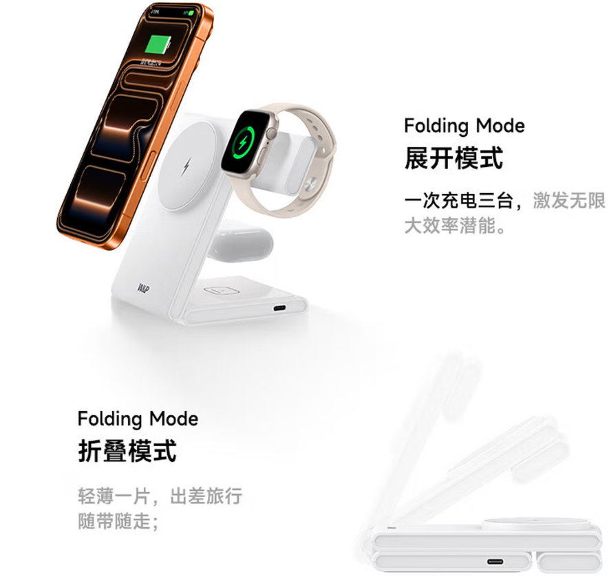 W&P适用苹果无线充电器三合一磁吸折叠快充便携支架底座iphone17/16/15手机耳机apple iwatch手表高清大图