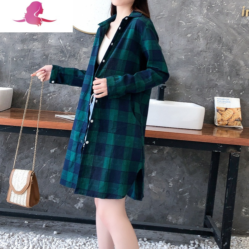 艳如飞格子衬衫女复古港味宽松韩版中长款长袖棉上衣服外穿百搭外套衬衣衬衫