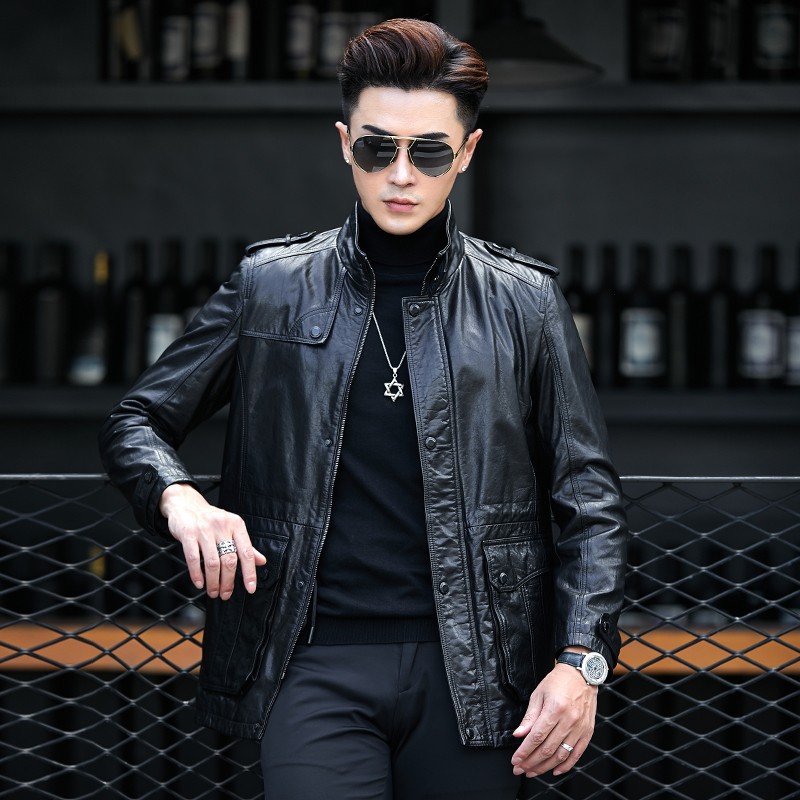 山羊皮皮衣男猎装海宁真皮夹克中长款纯皮风衣美式立领帅气外套潮
