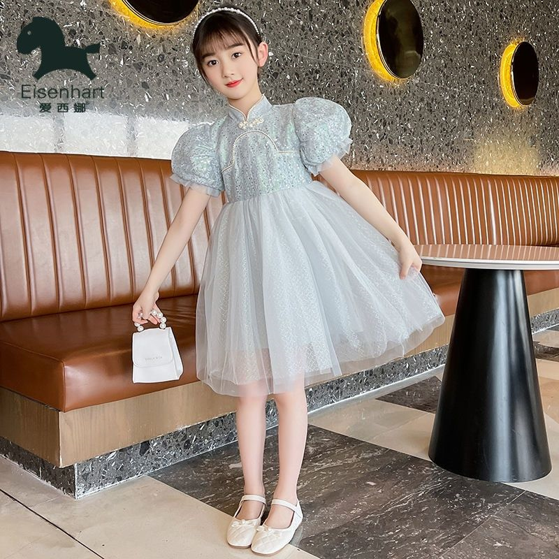 爱西娜童装网红女童洋气蓬蓬裙夏季新款女孩珍珠盘扣纱裙中大童视频